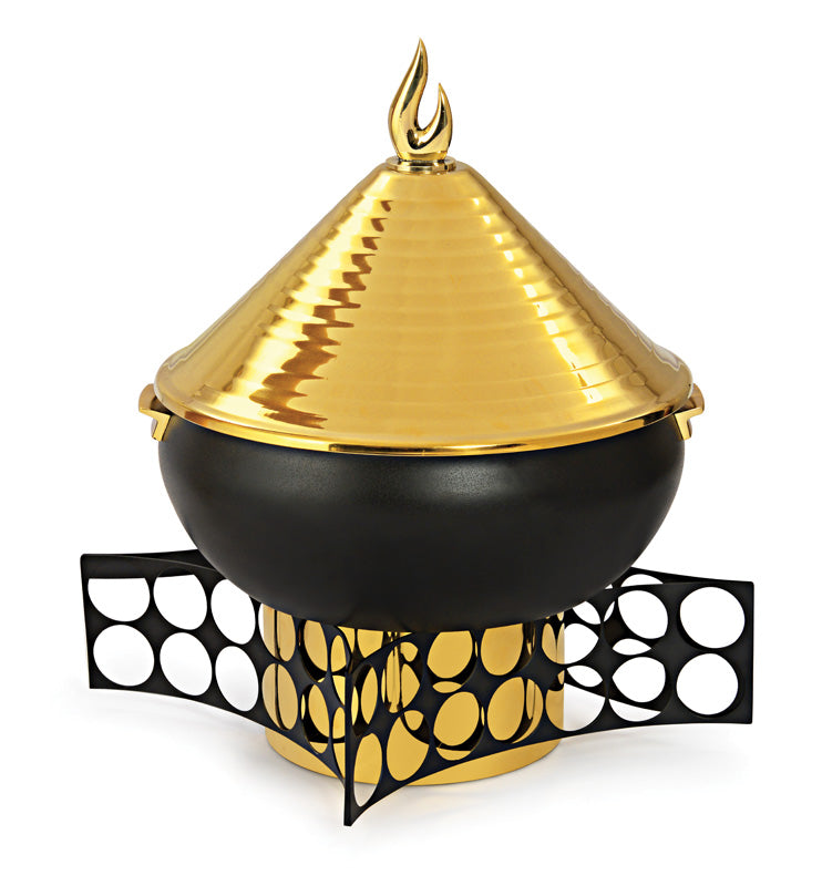 Stainless Steel Matka Type Chafing Dish in Golden Stand, With Conical Lid. Black Base and Golden Lid Finish with JS Star Stand in Black Finish. Can be used with Fuel Burner.