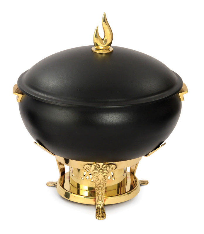 Stainless Steel Matka Type Chafing Dish in Black Finish with Round Stand in Golden Finish. Can be used with Fuel Burner.