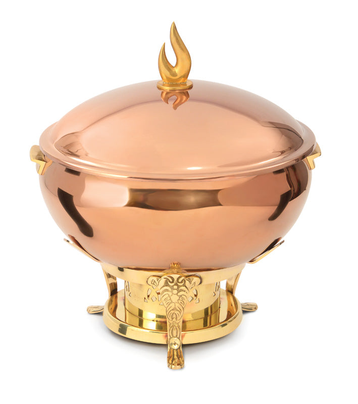 Stainless Steel Matka Type Chafing Dish in Rose Gold Finish with Round Stand in Golden Finish. Can be used with Fuel Burner.