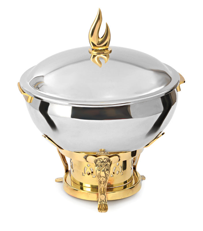 Stainless Steel Matka Type Chafing Dish in Stainless Steel Finish with Round Stand in Golden Finish. Can be used with Fuel Burner.