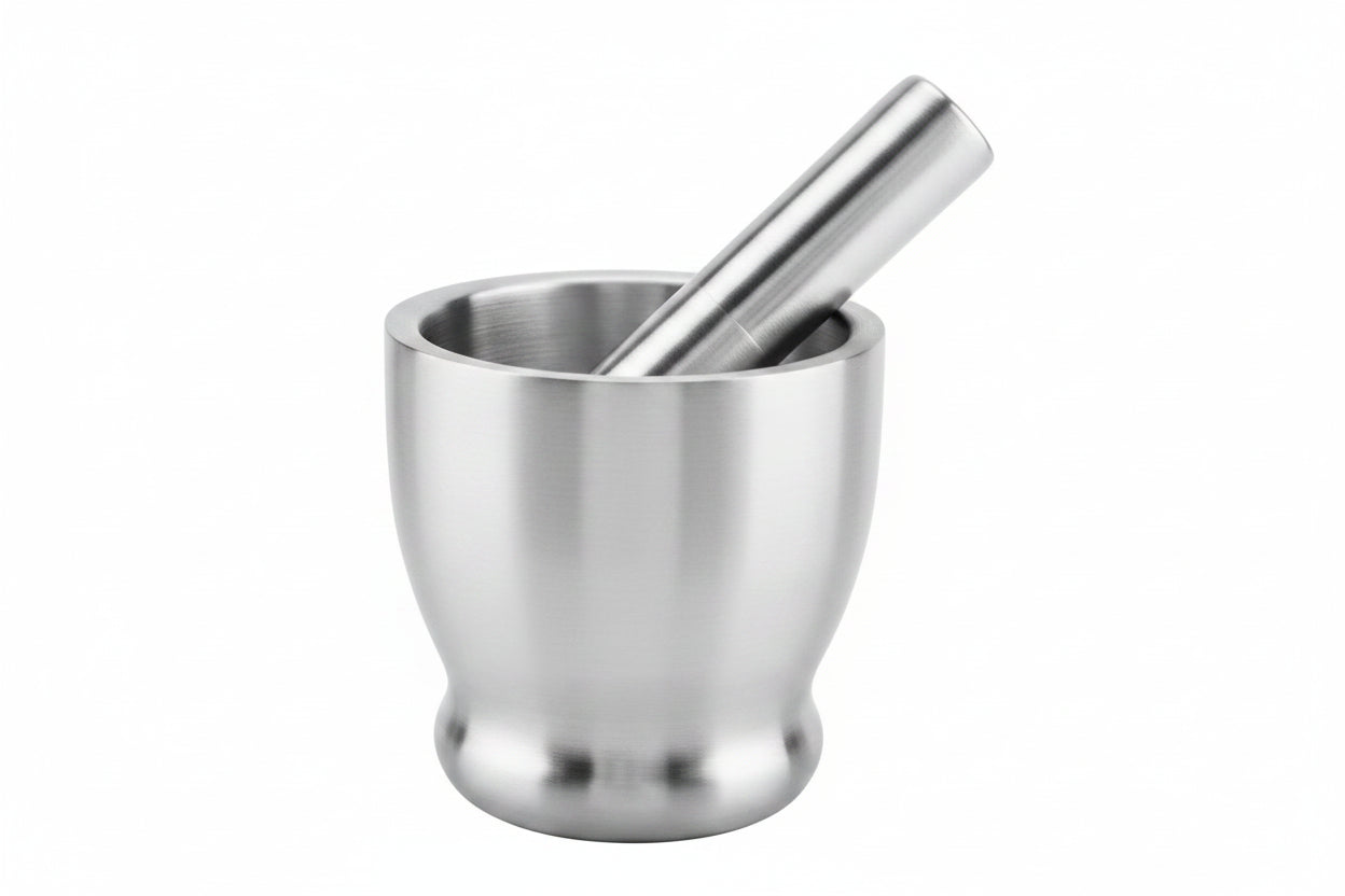 Stainless Steel Mortar & Pestle 12.5cm with white lid 1pcs