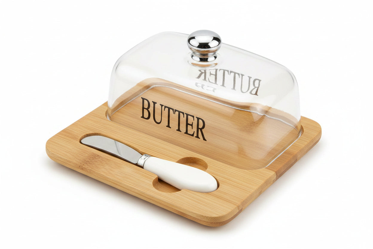 Premium Butter set Wooden base with Clear lid and SS Knife