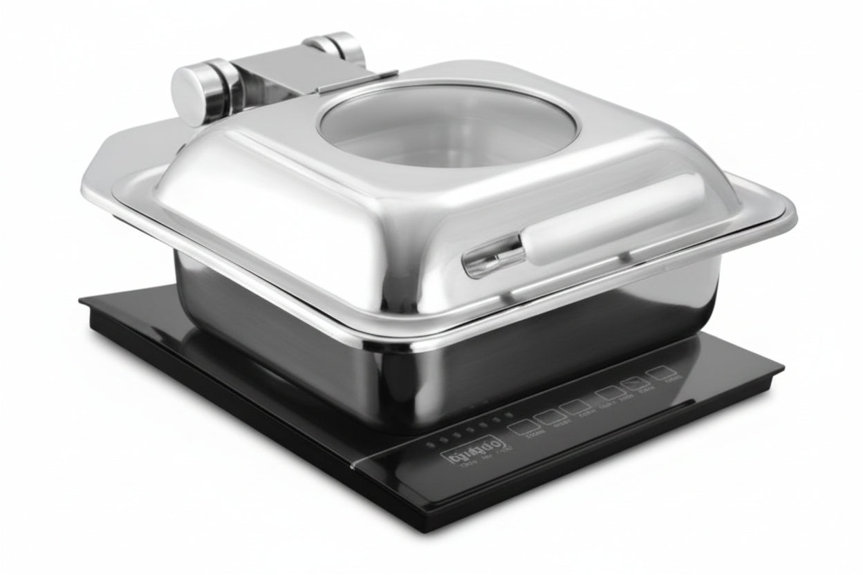 Square 7 Ltrs Induction Chafer (New Model),  With cover control mechanism, with Glass window, Can be used only with Induction Heater. Counter Fit Compatible (Induction Heater Not Included)