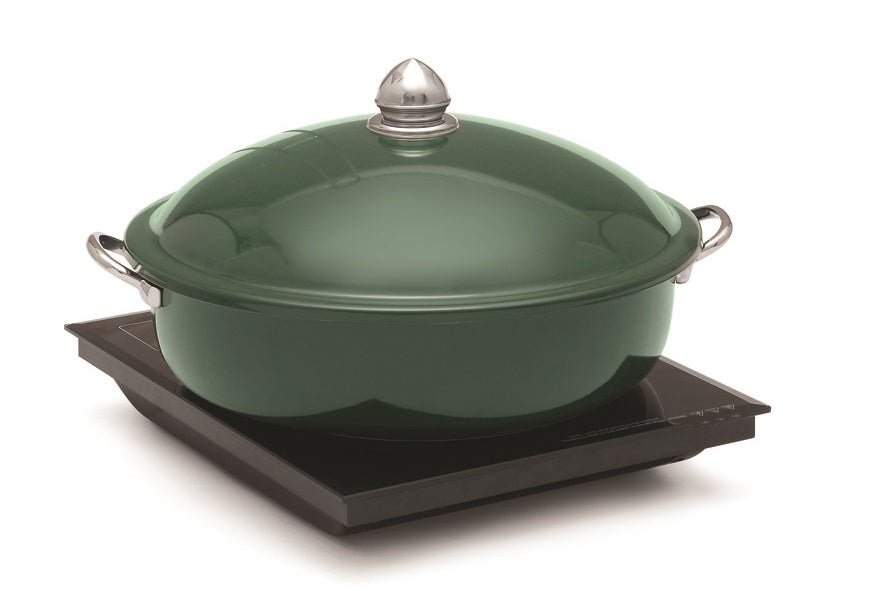 Stainless Steel Round 7 Ltrs  Chafing Dish. Stainless Steel Handi and Lid. Stainless Steel Food Pan, with Green Colour Coating finish. Can be used with Only Induction heater (Induction Heater/ Heating Plate Not Included)