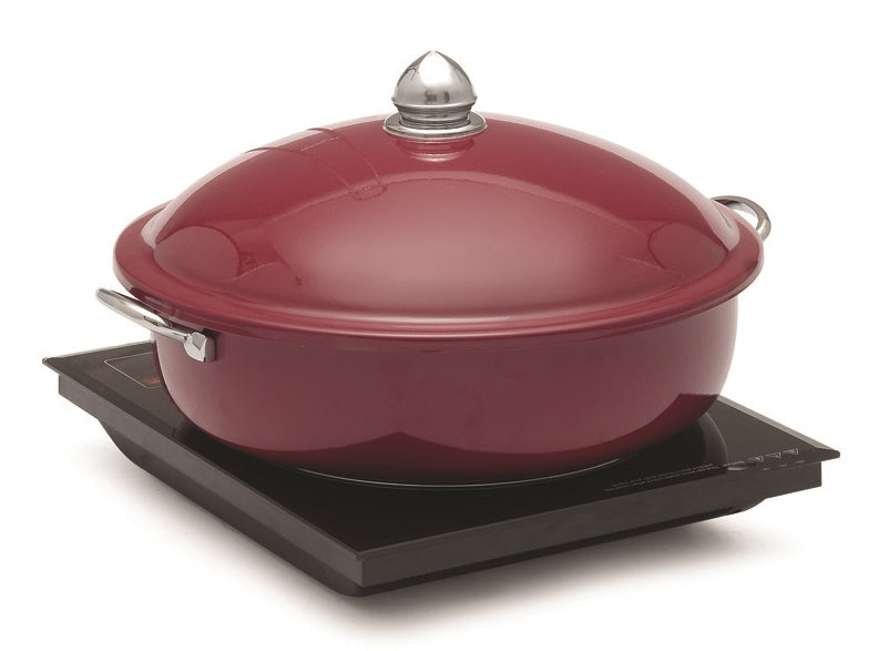 Stainless Steel Round 7 Ltrs  Chafing Dish. Stainless Steel Handi and Lid. Stainless Steel Food Pan, with Red Colour Coating finish. Can be used with Only Induction heater (Induction Heater/ Heating Plate Not Included).