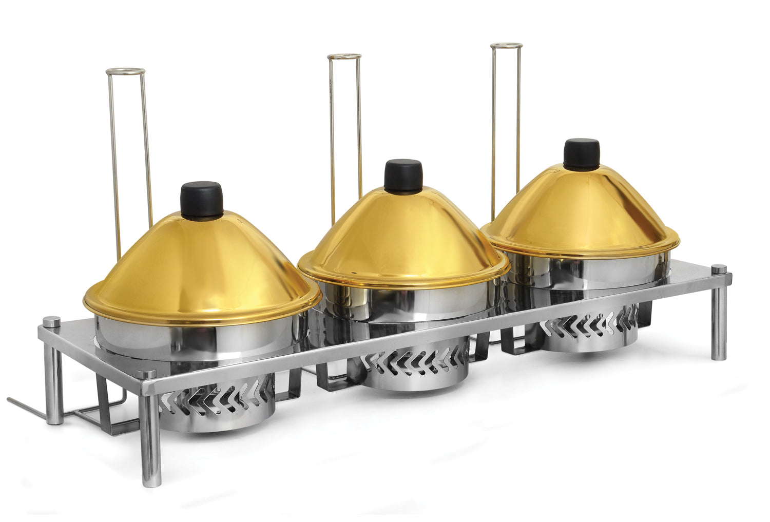 Stainless Steel Round 5 Ltrs  x 3 chafing dish with Conical lid. Stainless Steel Water pan/ Golden Lid.