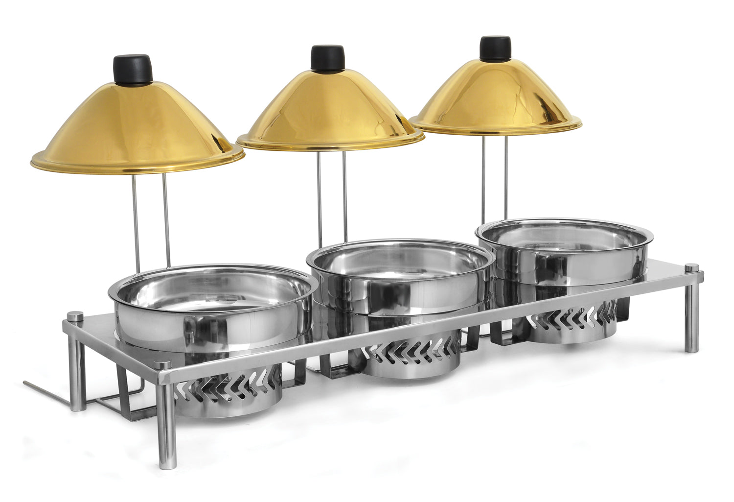 Stainless Steel Round 5 Ltrs  x 3 chafing dish with Conical lid. Stainless Steel Water pan/ Golden Lid.