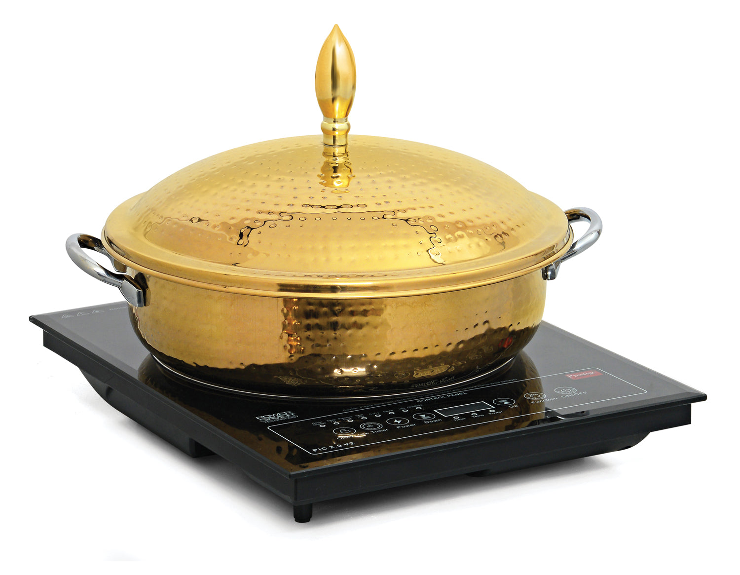 Round 5 Ltrs Stainless Steel Chafing Dish.Golden Finish. Stainless Steel Food Pan. Can be used with Only Induction heater (Induction Heater/ Heating Plate Not Included).