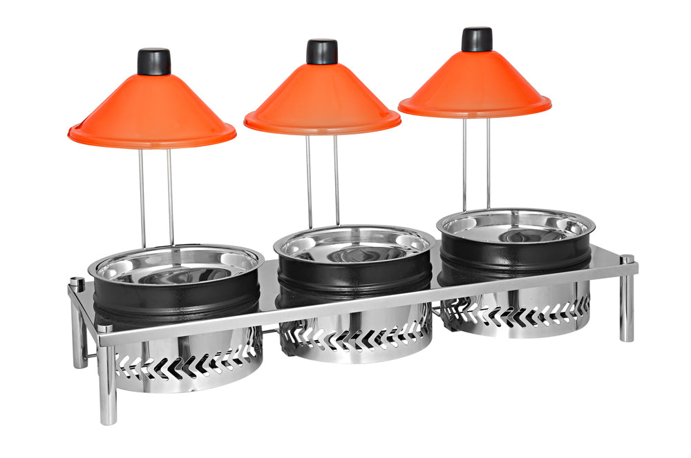 Stainless Steel Round 3 Ltrs  x 3 chafing dish with Conical lid. Black Water pan/ Orange Lid.