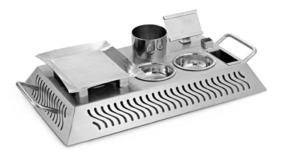 Stainless Steel Snack Warmer Concept with Laser Cutting design with Small snack warmer, Two sauce katori, napkin holder, toothpick holder, used toothpick space, Name card holder