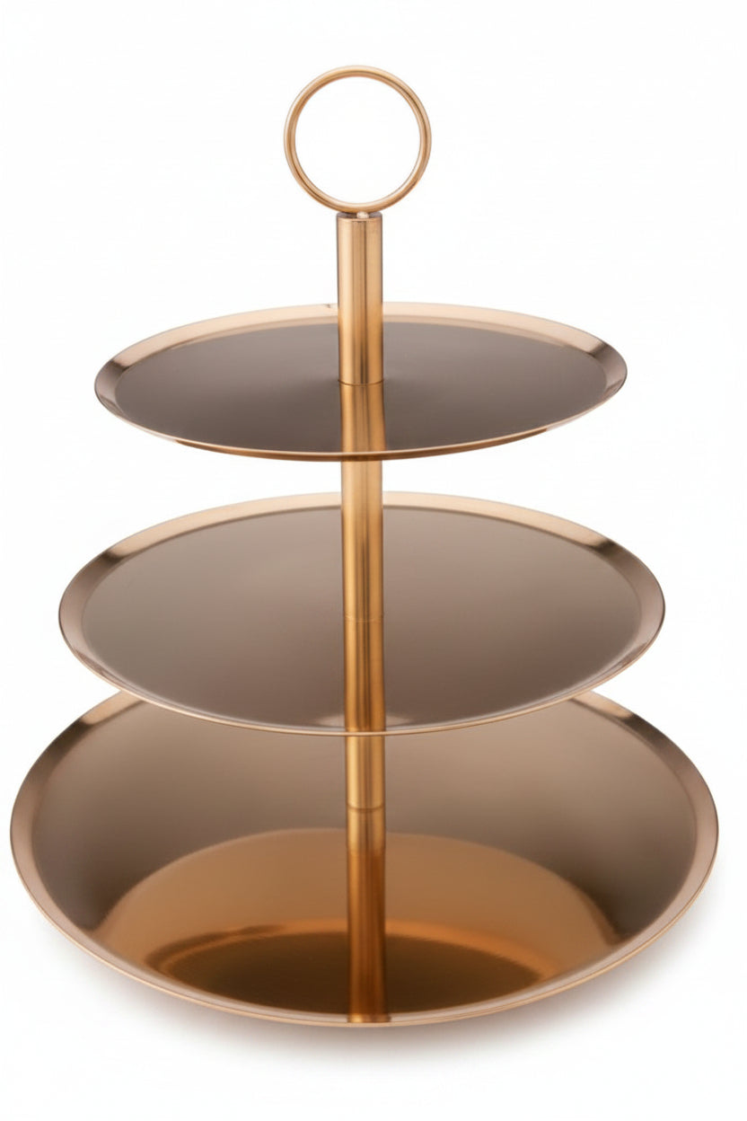 SS Display Stand 3 Tier W/Ring. Tray 20/25/30cm with PVD Gold
