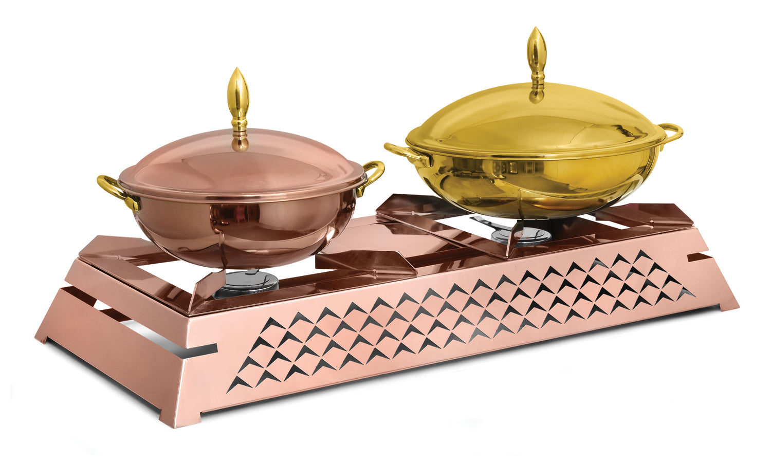 Stainless Steel Tapper Chulha with Rose Gold Finish with Dimond Laser Cutting and Stainless Steel Medium Chafing Dish with Rose Gold Finish and Stainless Steel Round 7 Ltrs  chafing dish in Golen finish.