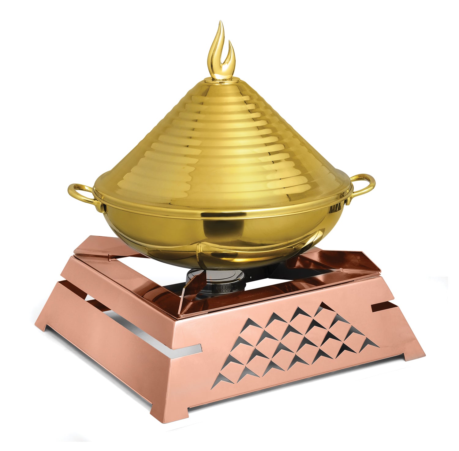 Stainless Steel Tapper Chulha with Rose Gold Finish with Dimond Laser Cutting and Stainless Steel Chafing dish with Conical lid all Golden