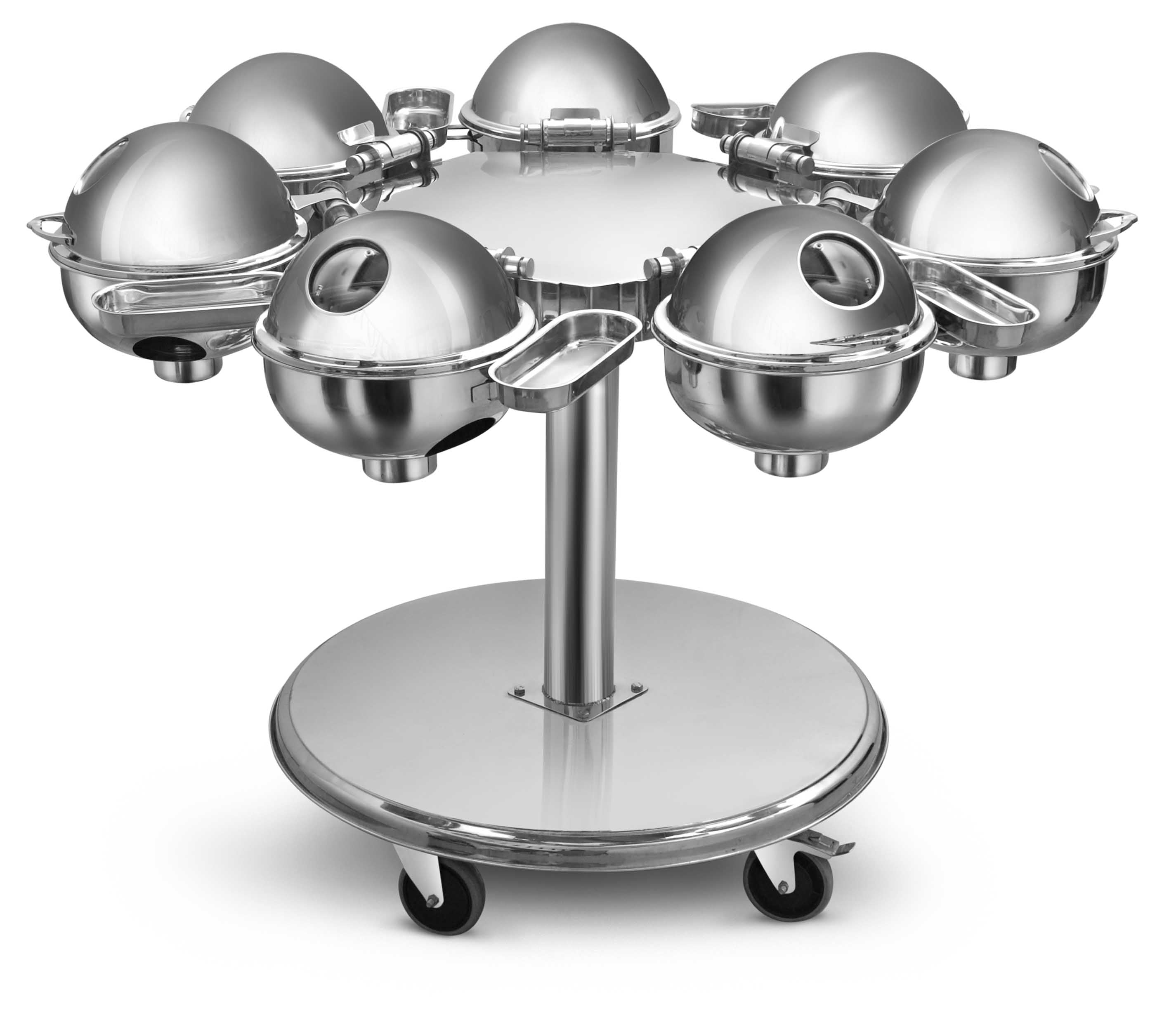 Portable Chafing Dish Trolley with 7 Round 5 Ltrs Chafing Dishes In Round Setting, with Glass Window and with Dome Lid, with adjustable Mechanism for slow movement of cover.    (Heating Plate Not Included).