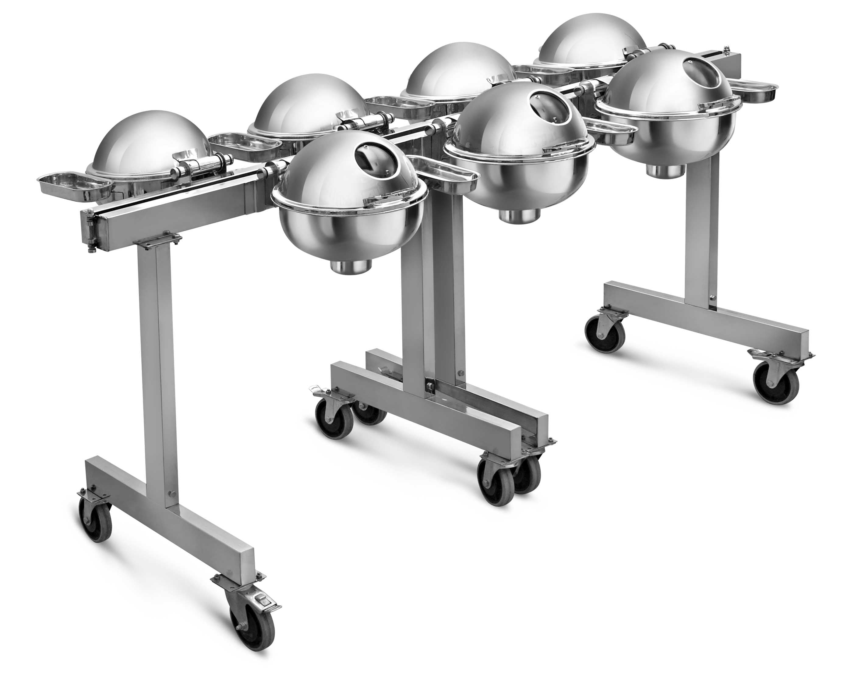 Portable Chafing Dish Trolley with 7 Round Medium Size Chafing Dishes Ð Can be displayed in different styles Ð 4+3, 2+3+2, 7.  with Glass Window and with Dome Lid, with adjustable Mechanism for slow movement of cover.