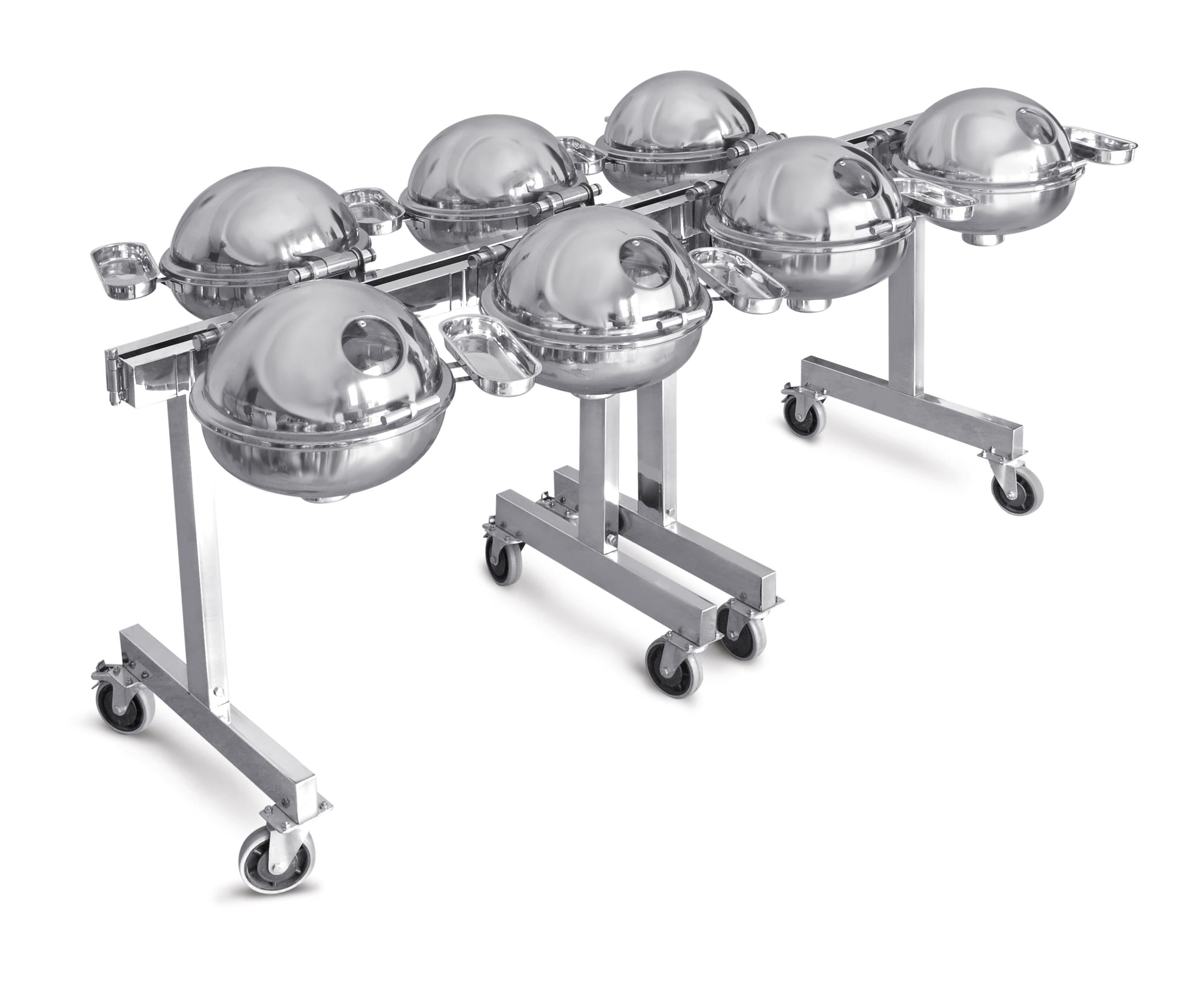 Portable Chafing Dish Trolley with 7 Round 7 Ltrs Chafing Dishes Ð Can be displayed in different styles Ð 4+3, 2+3+2, 7.  with Glass Window and with Dome Lid, with adjustable Mechanism for slow movement of cover.   (Heat