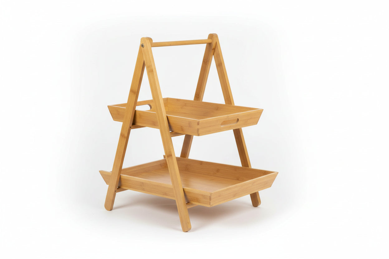 2 Tier Food Display Shelf bamboo 2ply 1PC With Wooden Handles & Rectangle Style