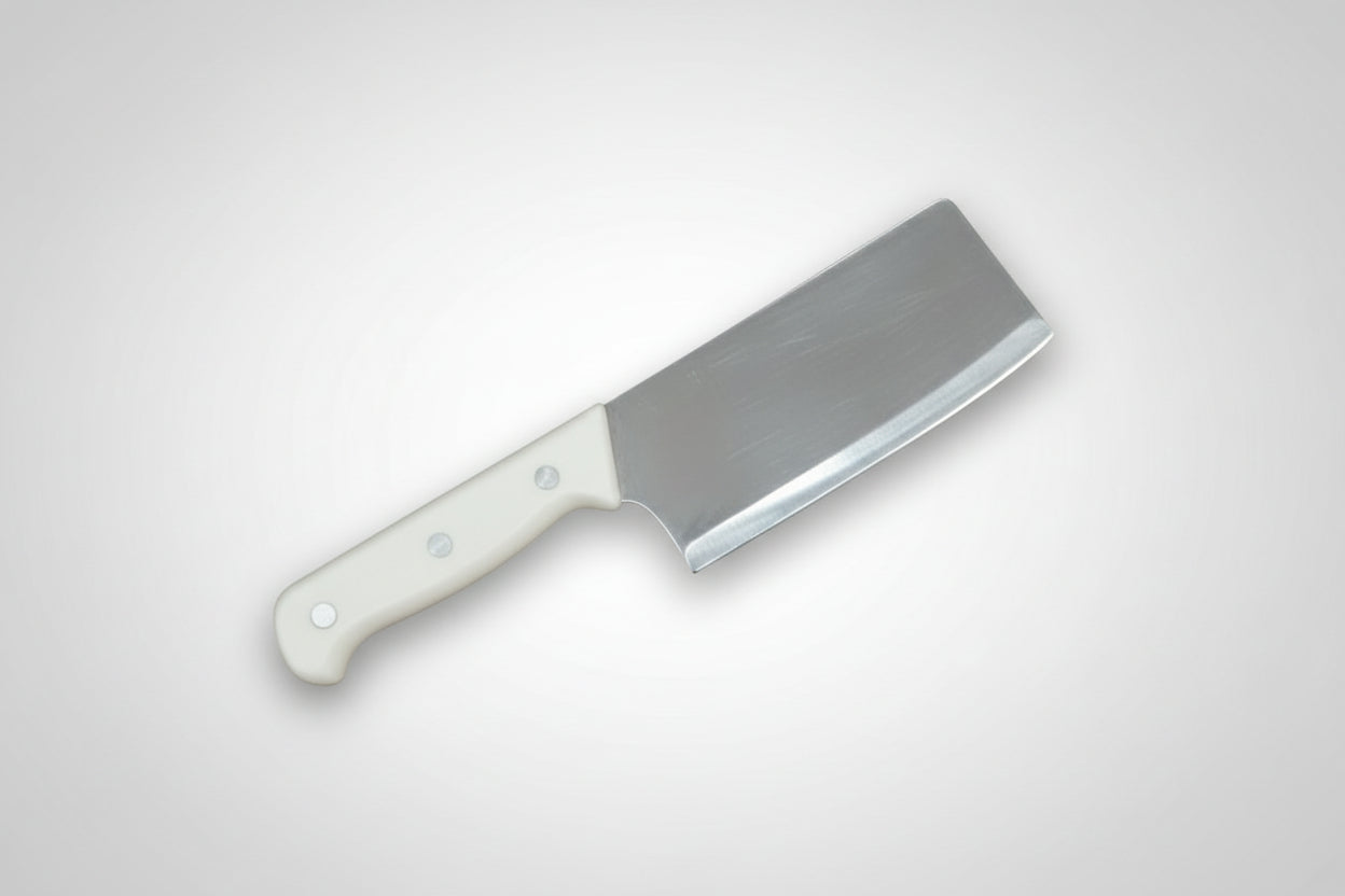 White leather-textured ABS handle, mirror-finished blade   7" 2.5MM