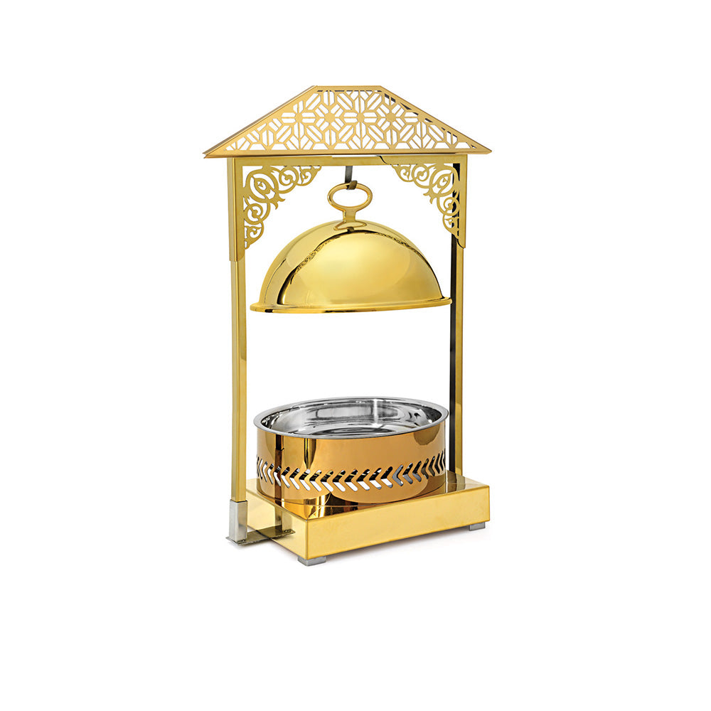 Round 5 Ltrs Frame Stand type Chafing Dish, with Hanging Lid. Golden Base, Rose Gold Body and Golden Lid