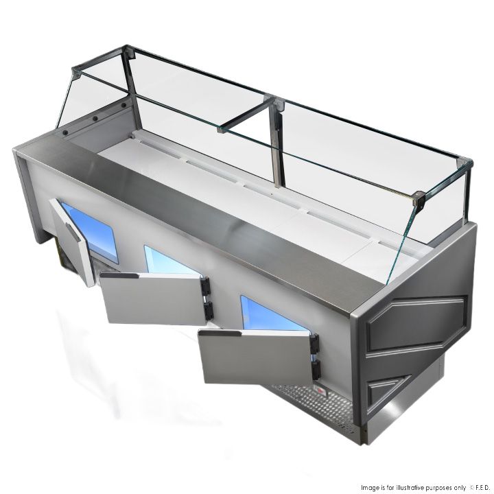 Tecnodom Serie MR9.5 Silver 2480mm Wide Deli Display with Storage and Castors TDMR-0925