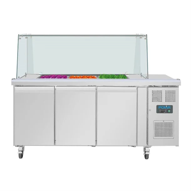 Polar U-Series GN Counter Saladette with Square Sneeze Guard - 3 Door