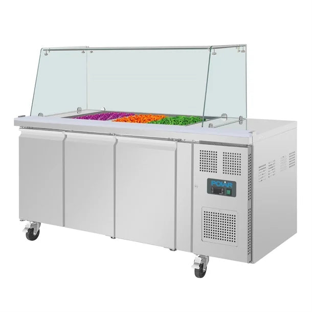 Polar U-Series GN Counter Saladette with Square Sneeze Guard - 3 Door
